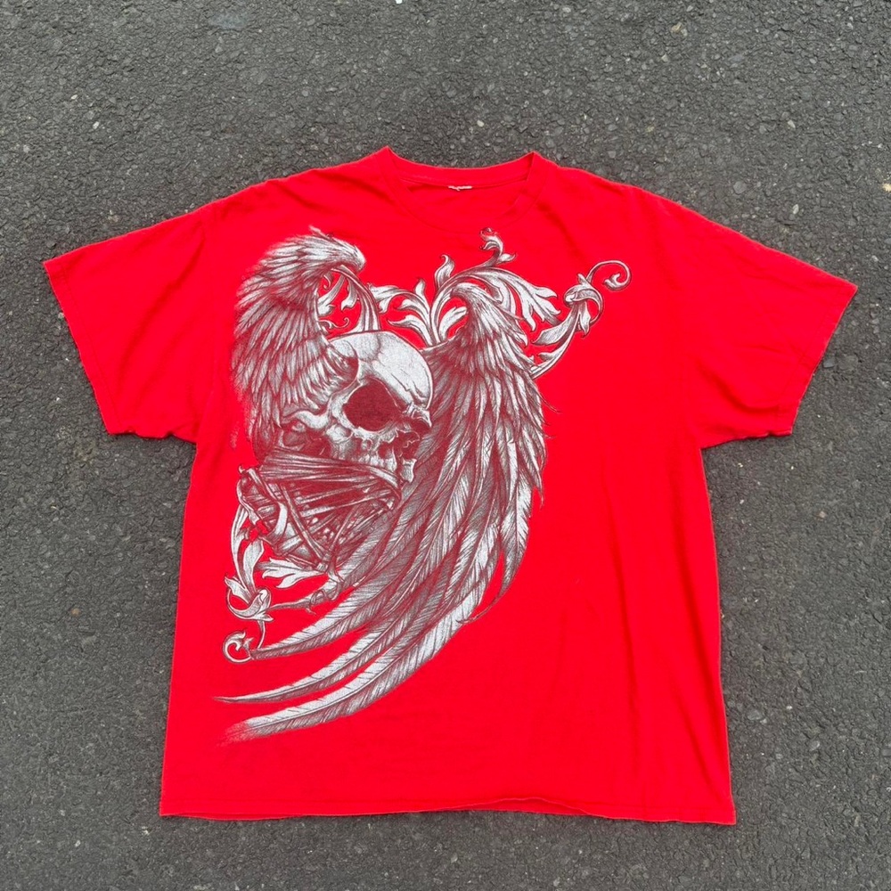 Red Graphic T-Shirt with Skull and Wings Design